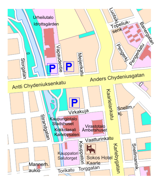Det finns gott om parkeringsplatser runt stadshuset. Det finns stora parkeringsplatser, särskilt i närliggande idrottshall.