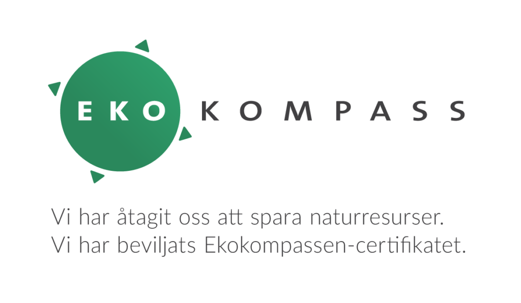 Vi har åtagit oss att spara naturresurser. Vi har beviljats Ekokompassen-certifikatet.