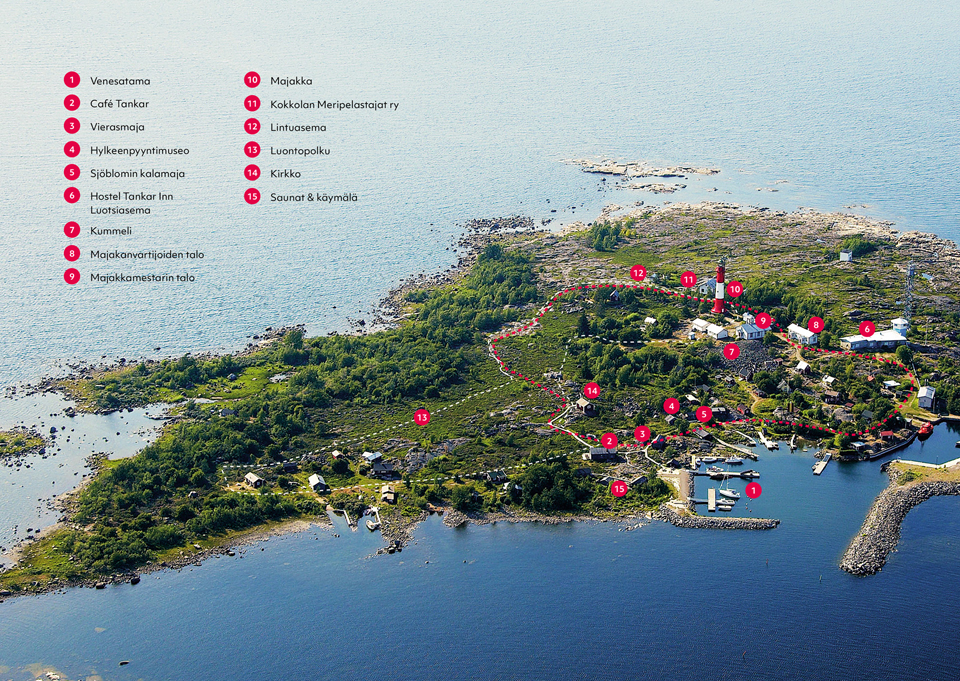 Kokkolan majakkasaari Tankarin ilmakuva, johon on merkitty saaren nähtävyyksiä ja kävelyreittejä