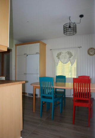 Ihanainen Majatalon keittiö on varusteltu ja ruokapöydän ääressä on neljälle henkilölle istuimet, joista kaksi on sinistä ja kaksi punaista Pöydän päällä on kattovalaisin sekä seinällä oleva kello kertoo ajankulun.